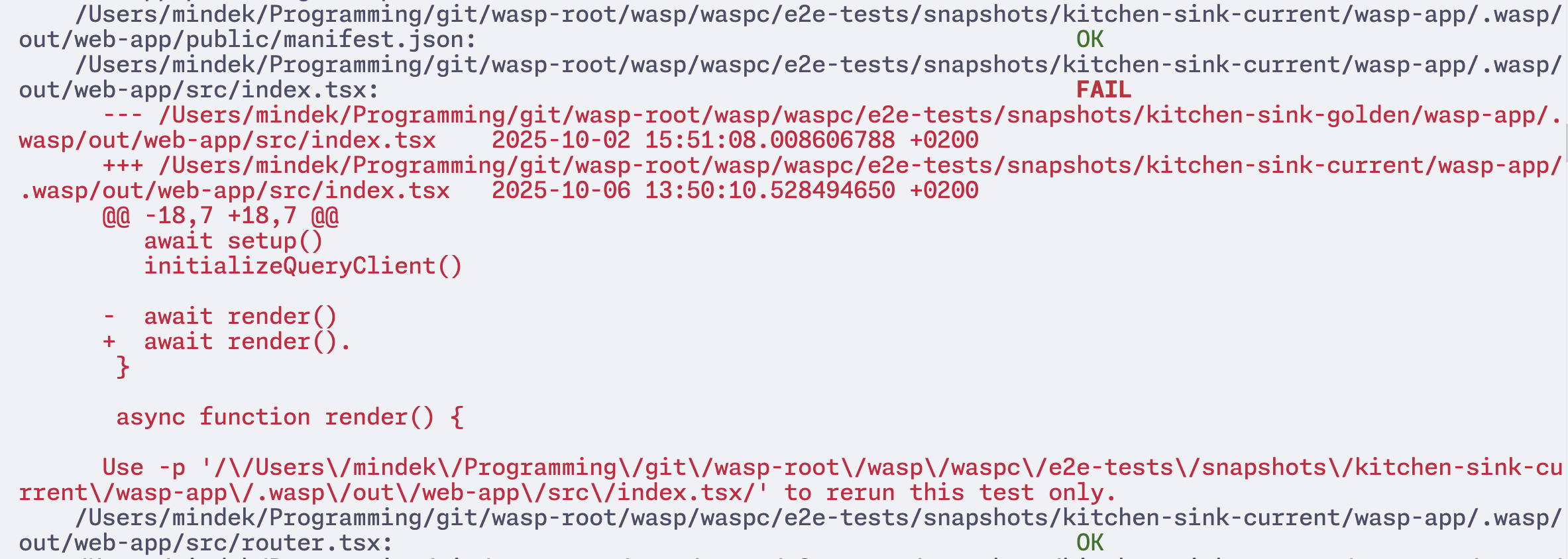A terminal window showing a stray character diff